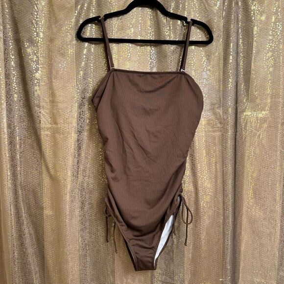 Women's Brown Ribbed One Piece Ruched Side Tie Swimsuit Med NWOT - Picture 1 of 9